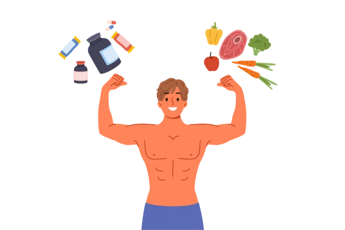 Hombre culturista con torso desnudo se encuentra bajo nutrición deportiva y productos naturales  Ilustración