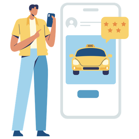 Hombre dando calificación de taxi en línea  Ilustración