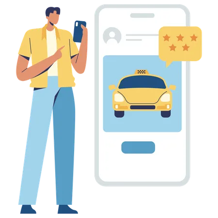 Hombre dando calificación de taxi en línea  Ilustración