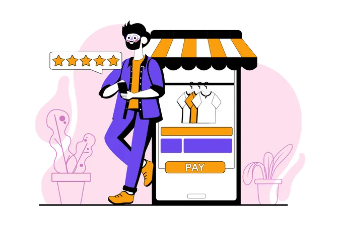 Hombre dando calificación de compras en línea  Ilustración