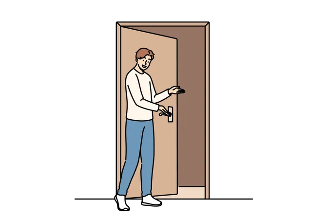 Hombre dando la bienvenida a un invitado abriendo la puerta  Ilustración