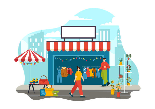 Hombre dando la bienvenida al cliente para comprar ropa.  Ilustración