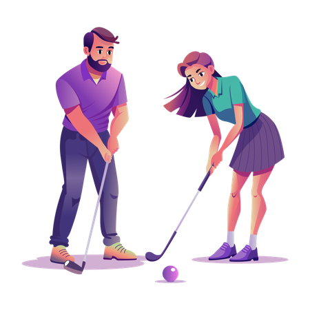 Hombre dando una lección de golf a una mujer  Ilustración