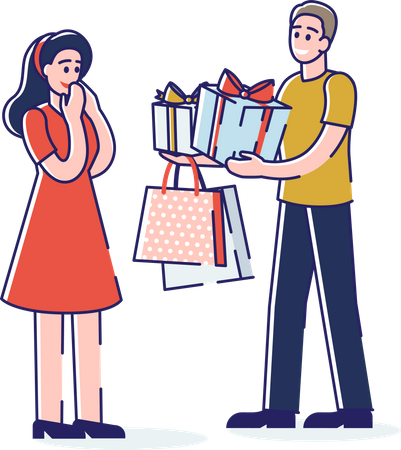 Hombre dando regalos a mujer  Ilustración