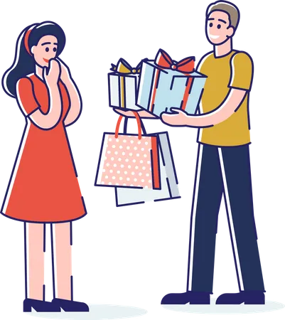 Hombre dando regalos a mujer  Ilustración