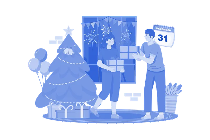 Hombre dando regalo de Navidad a mujer  Ilustración