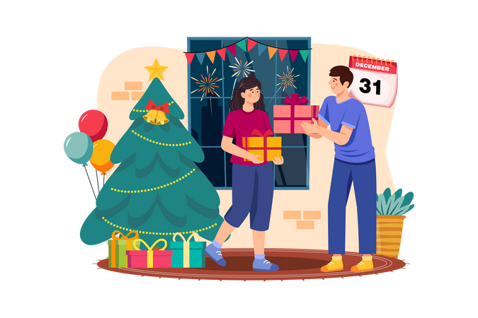 Hombre dando regalo de Navidad a mujer  Ilustración