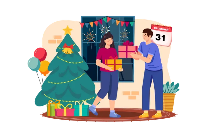 Hombre dando regalo de Navidad a mujer  Ilustración