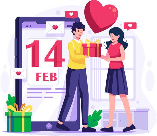 Hombre dando un regalo a su novia el día de San Valentín  Ilustración