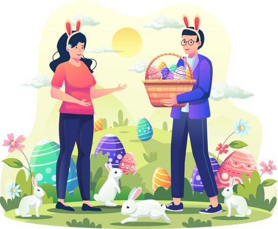 Hombre dándole una canasta llena de huevos de Pascua decorados a una mujer  Ilustración