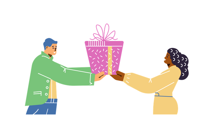 Hombre dándole una caja de regalo a una mujer negra  Ilustración