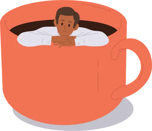 Divertido hombre de café en taza gigante con bebida aromática.  Ilustración