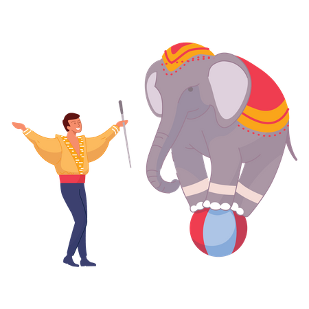 Hombre de circo con elefante de circo  Ilustración