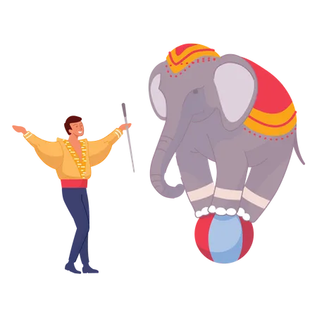 Hombre de circo con elefante de circo  Ilustración