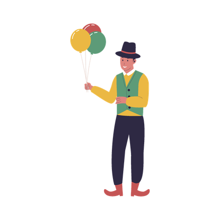 Hombre de circo sosteniendo globos  Ilustración