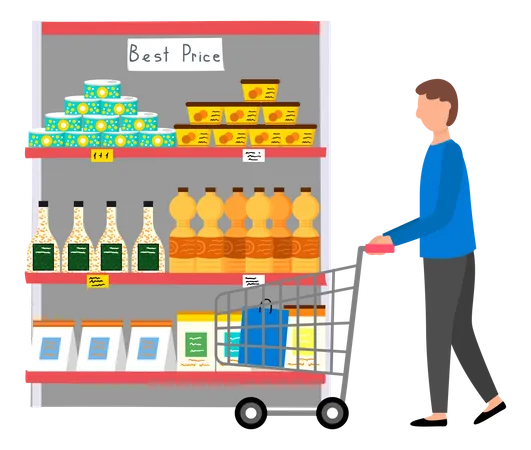 Hombre de compras en el supermercado  Ilustración