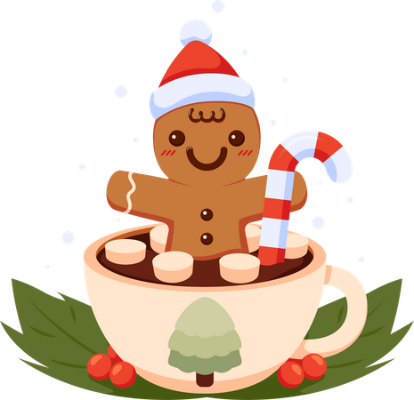 Hombre de pan de jengibre con gorro de Papá Noel navideño dentro de una taza de café  Ilustración