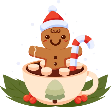 Hombre de pan de jengibre con gorro de Papá Noel navideño dentro de una taza de café  Ilustración