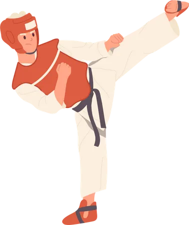 Hombre de karate con equipo de protección y kimono practicando técnica de arte marcial tradicional  Ilustración