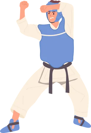 Personaje De Dibujos Animados De Hombre Karate Vistiendo Kimono Equipo De Entrenamiento De Seguridad Protectora De Pie En La Ilustracion De Vector De Posicion De Defensa Del Brazo Aislado Sobre Fondo Blanco Entrenamiento De Lucha De Artes Marciales Asiaticas Ilustración