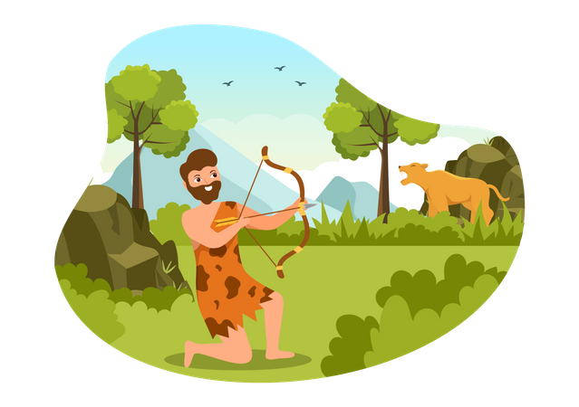 Hombre de la Edad de Piedra cazando animales  Ilustración