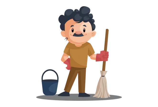 Hombre de limpieza con trapeador y balde  Ilustración