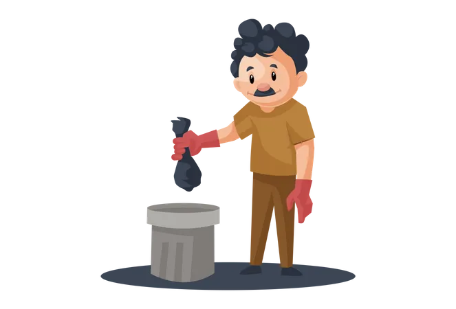 Hombre de limpieza poniendo basura en el cubo de basura  Ilustración