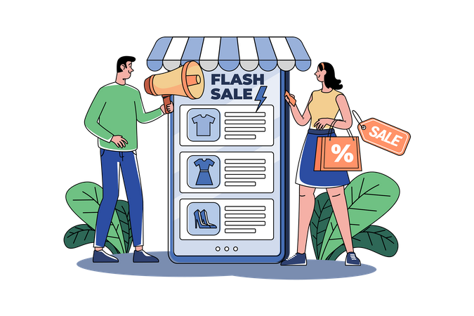 Hombre de marketing anunciando venta flash en línea  Ilustración