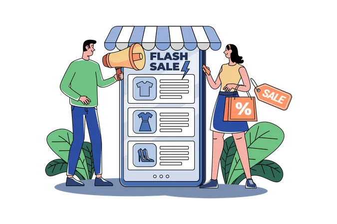 Hombre de marketing anunciando venta flash en línea  Ilustración