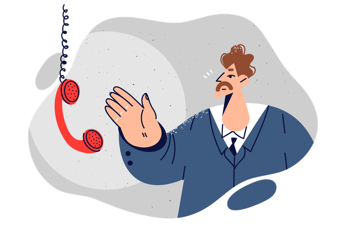 Un hombre de negocios cerca del receptor de teléfono colgado del cable está esperando una llamada de su socio o colega  Ilustración