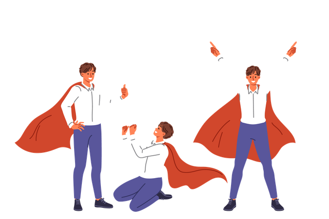 Un hombre de negocios con capa de superhéroe se regocija con la victoria tomando diferentes poses y haciendo gestos de alegría  Ilustración