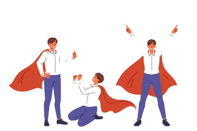 Un hombre de negocios con capa de superhéroe se regocija con la victoria tomando diferentes poses y haciendo gestos de alegría  Ilustración