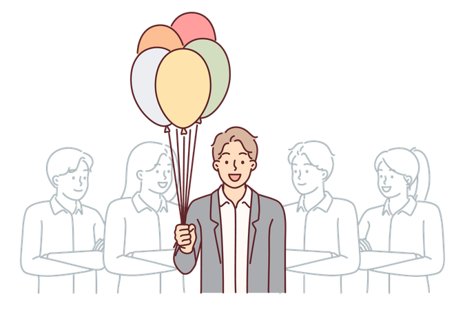 Hombre de negocios con globos se encuentra cerca de colegas  Ilustración