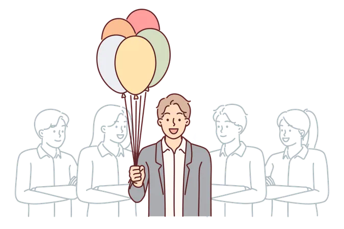 Hombre de negocios con globos se encuentra cerca de colegas  Ilustración