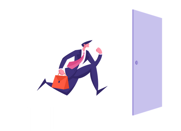 Hombre de negocios con maletín corriendo hacia la entrada de puerta abierta  Ilustración