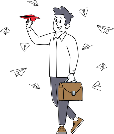 Hombre de negocios con maletín volando aviones de papel  Ilustración