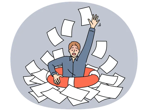 Hombre de negocios con salvavidas en el papeleo  Ilustración