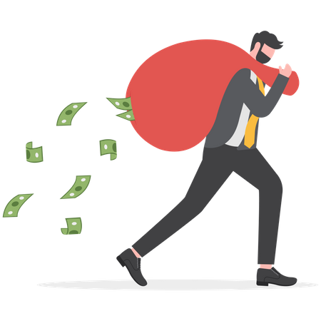 Hombre de negocios corriendo llevando un gran saco lleno de dinero en efectivo cayendo de él  Ilustración