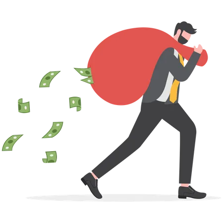Hombre de negocios corriendo llevando un gran saco lleno de dinero en efectivo cayendo de él  Ilustración
