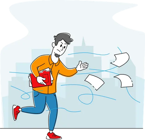 Hombre de negocios corriendo rápido tratando de atrapar documentos voladores  Ilustración