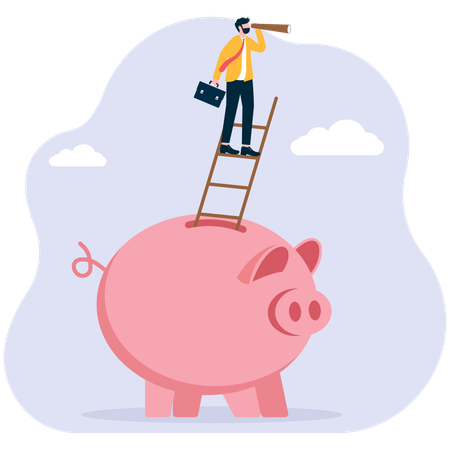 Hombre de negocios de pie dentro de una escalera con una alcancía y sosteniendo binoculares  Ilustración