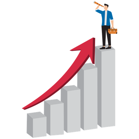 Hombre de negocios de pie en la parte superior del gráfico de flechas  Ilustración