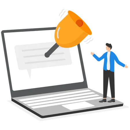 Hombre de negocios de pie frente a una computadora portátil mientras recibe un recordatorio de mensaje  Ilustración