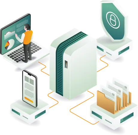 Hombre de negocios de pie junto a la computadora mientras se concentra en la seguridad del servidor de análisis de datos  Ilustración