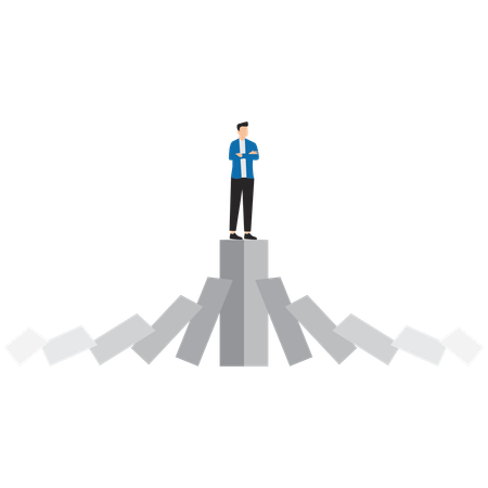 Hombre de negocios de pie sobre un gráfico de barras fuerte que no se ve afectado por el efecto dominó  Ilustración