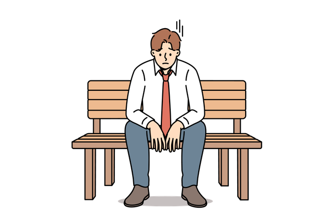 Hombre de negocios deprimido sentado en un banco del parque y sintiéndose triste por los problemas financieros  Ilustración