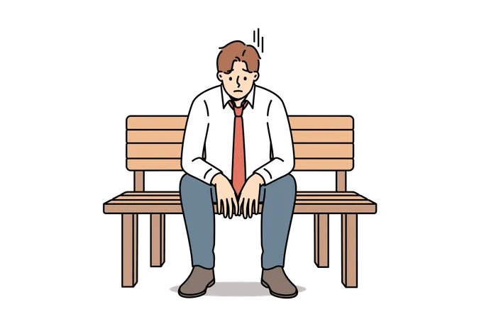 Hombre de negocios deprimido sentado en un banco del parque y sintiéndose triste por los problemas financieros  Ilustración