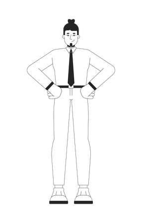 Hombre de negocios elegante con peinado de moño alto, personaje de línea 2D en blanco y negro  Illustration