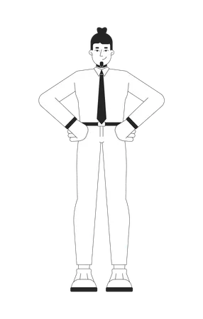 Hombre de negocios elegante con peinado de moño alto, personaje de línea 2D en blanco y negro  Illustration