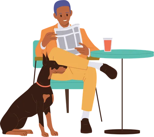 Hombre de negocios elegante con perro visitando una cafetería que admite mascotas  Ilustración